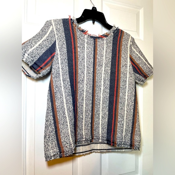 Ann Taylor Short Sleeve Top Size Small Frayed Stripes Cotton Pullover Navy Cream - Picture 1 of 12